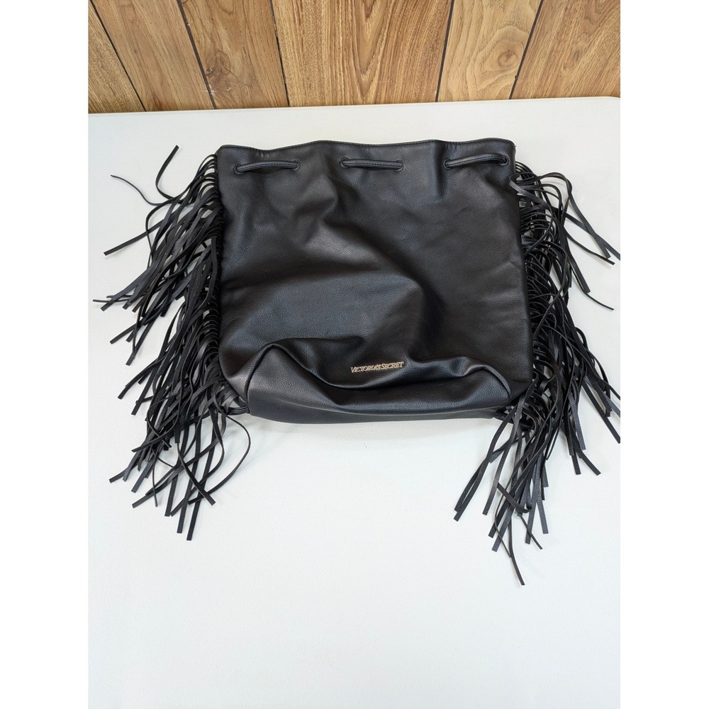 Boho Fringe Backpack Women Large Black Faux Leather Victoria's Secret Drawstring